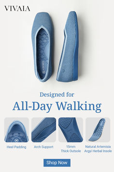 walking shoes, comfort shoes, casual shoes, slip on shoes, flat shoes, everyday shoes, women shoes, product launch, brand awareness, minimalist, calm, trustworthy, blue, neutral
